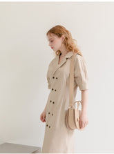 Double-Breasted Midi Linen Dress with Short Sleeves
